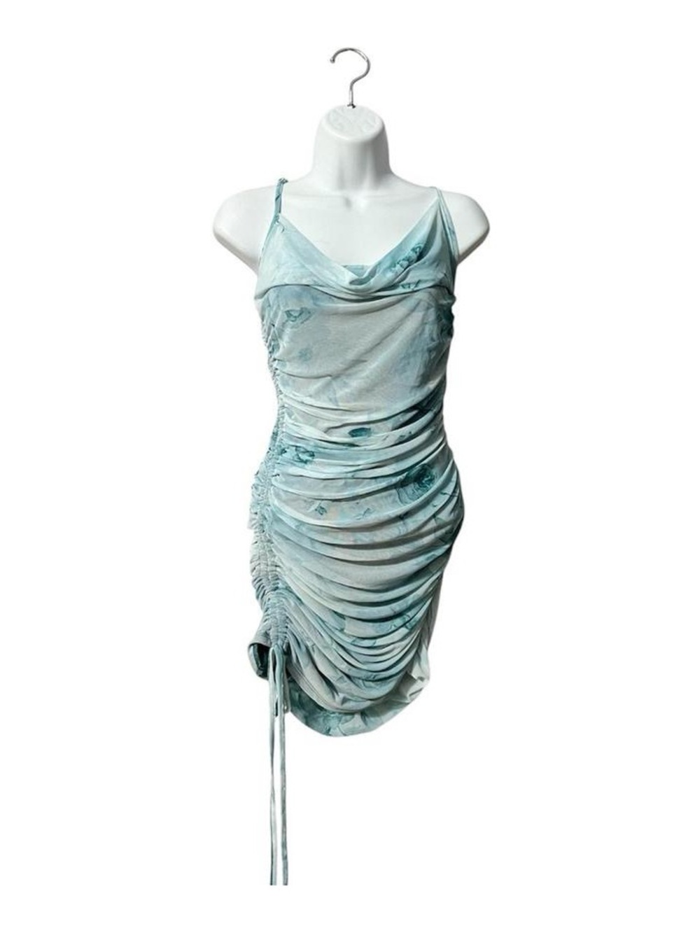Light Aqua Ruched Cowl Neck Maxi Dress